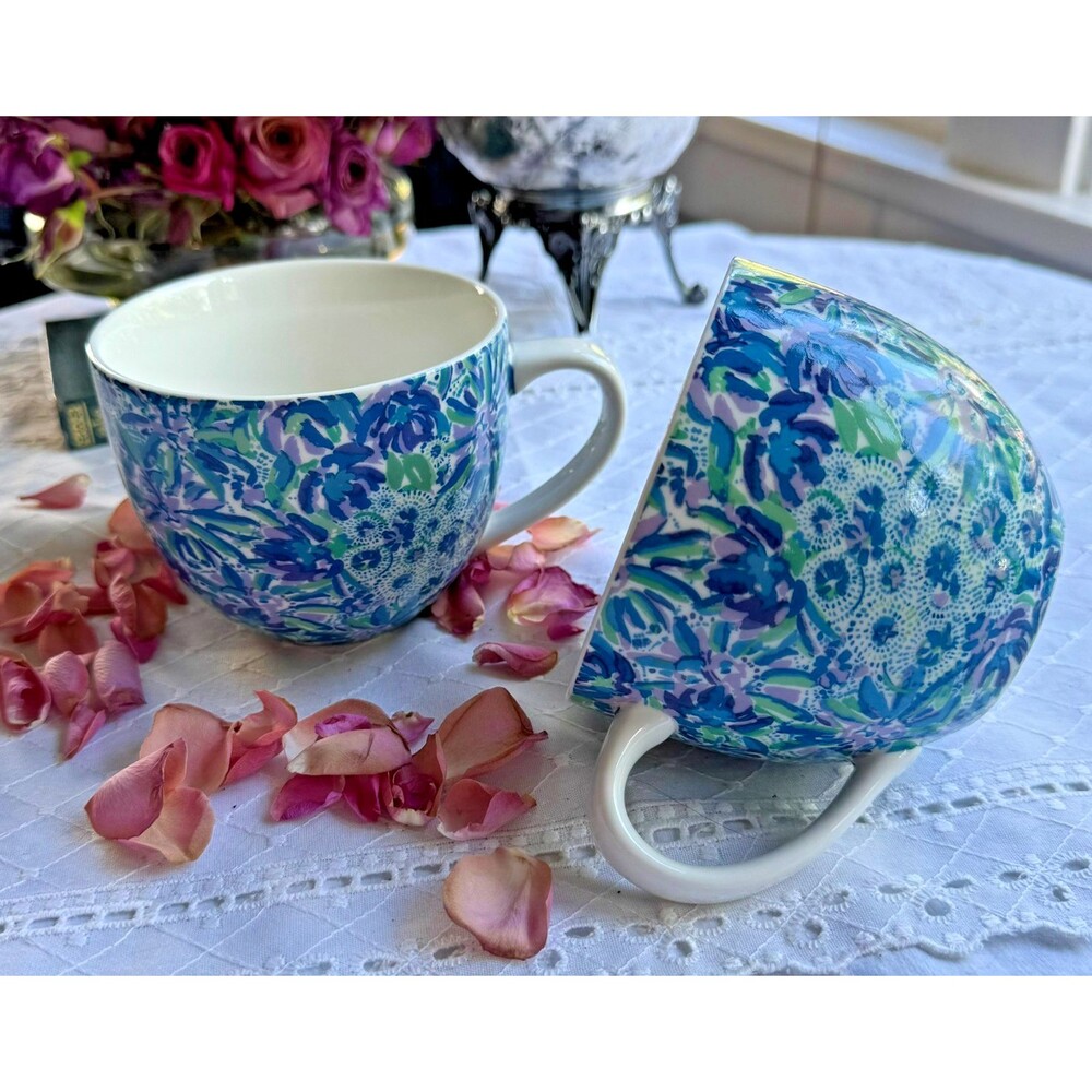 Lilly Pulitzer Set 2 Mugs Blue Green Floral Tropical Print Preppy Coastal Cups